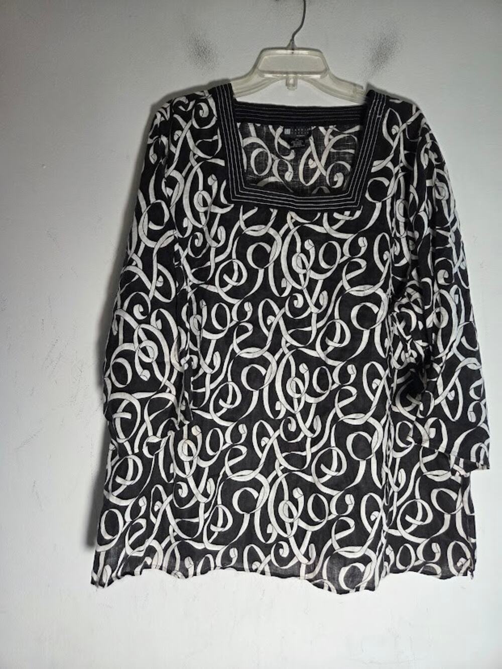 Cynthia Rowley Black & White Print 100% Linen Collarless Button Up Blouse sz 1X